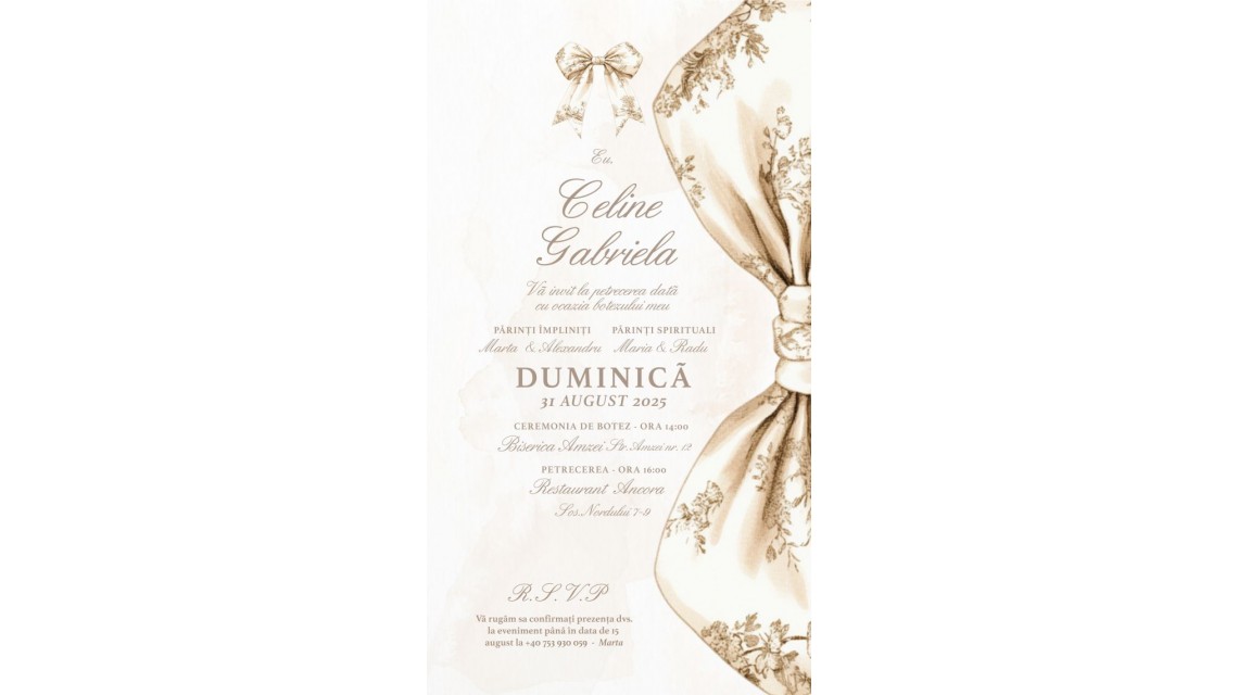 Invitație digitală nude cu funda pentru botez fetiță Classic Toile Invitație electronică elegantă crem 1